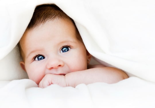 Baby-Bild - Baby schaut aus einer weisen Kuscheldecke heraus